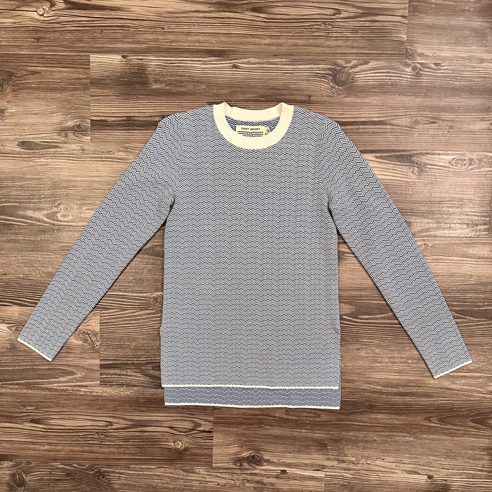XS Tory Burch Sport Blue & White Chevron Sweater